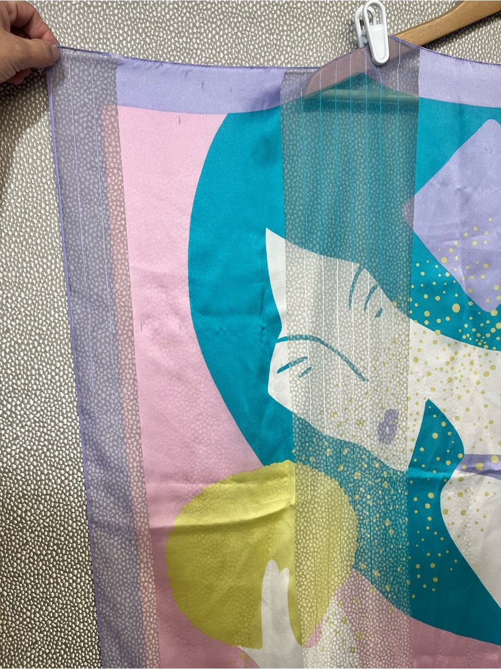 OS Vintage Abstract Pastel Silk Scarf Top Woman’s Outline Teal Pink Yellow